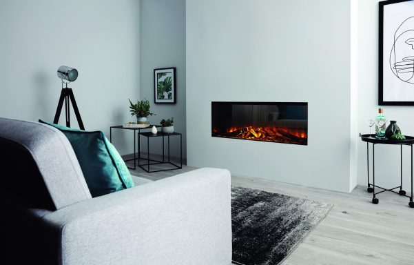 Modern living room featuring a sleek electric fireplace, one sided front facing.