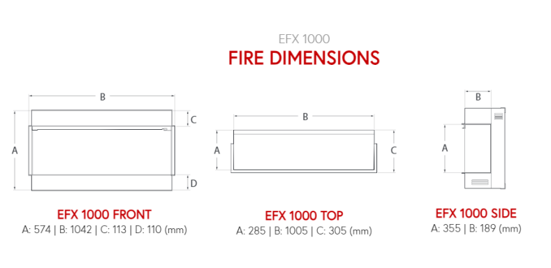 Diagram showing dimensions of the E-FX 1000 with front and top views labeled.