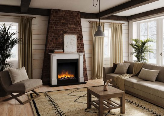 Cosy living room with an electric  fireplace, sofa, wooden table, and indoor plants.