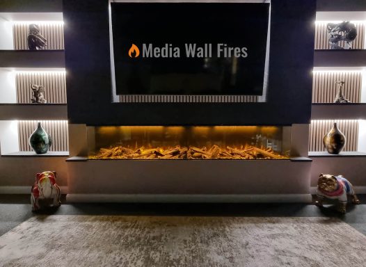 Large media wall on display with slat wall panels at the back of shelving