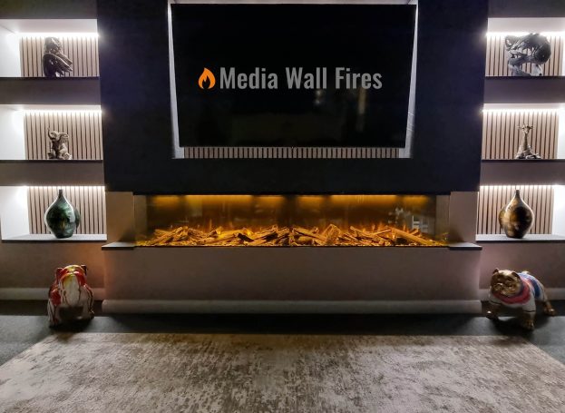 Modern living room featuring a wall-mounted TV above an electric fireplace in a media wall
