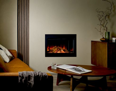 Modern interior featuring a wall-mounted fireplace, the Ashlett by British Fires