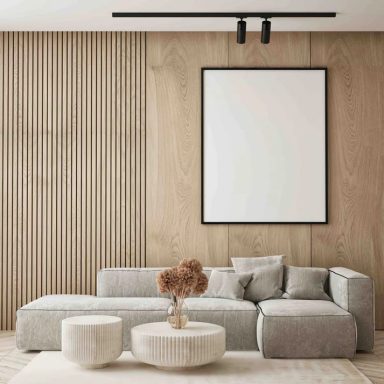 Modern living room showcasing acoustic slat wall panel