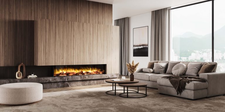 Modern living room with a e-fx 1800 large electric fireplace, and large windows offering natural light.