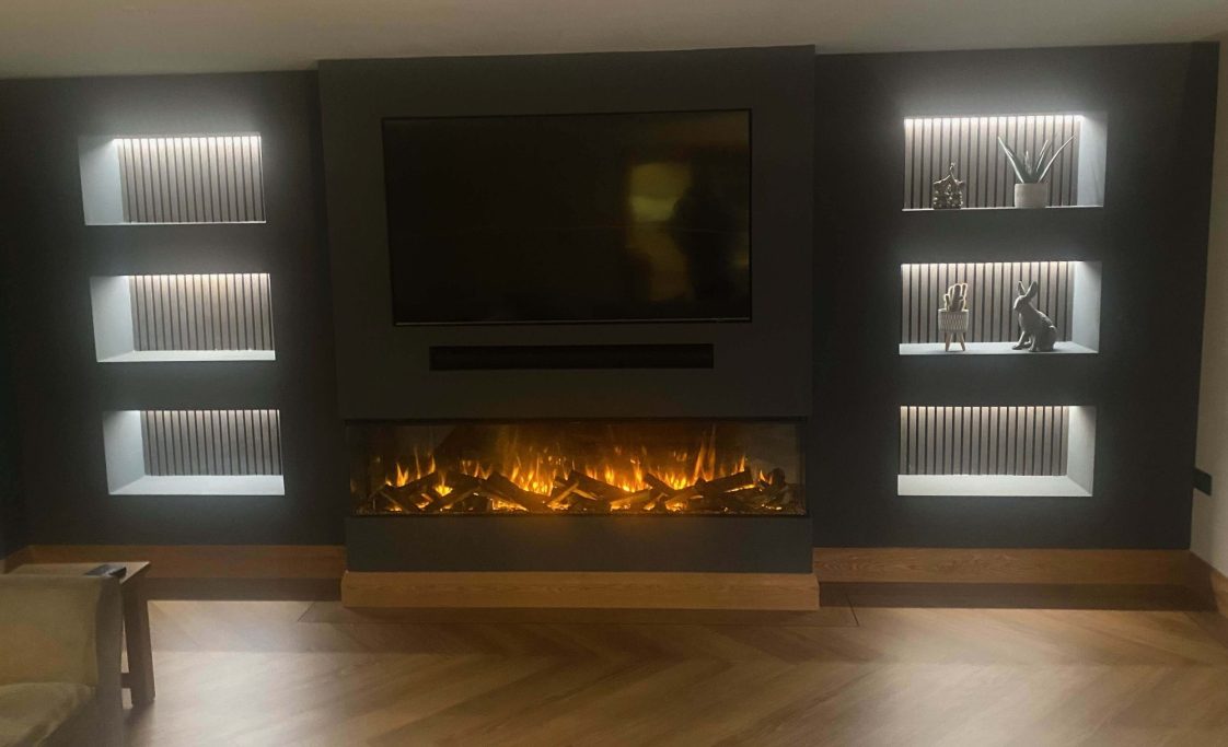 dark media wall with electric fire from media wall fires