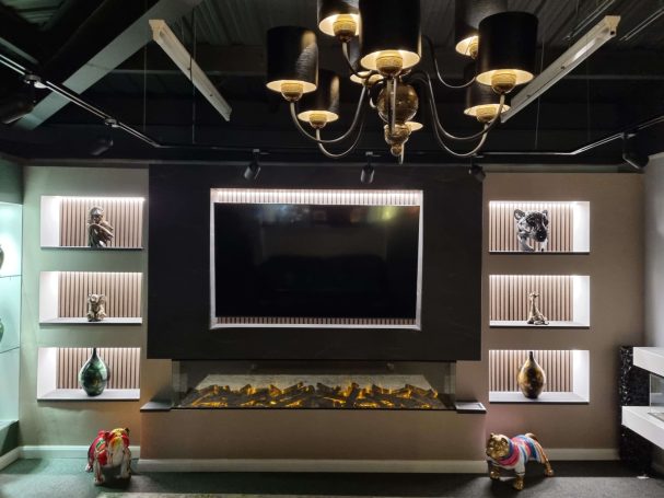 large tv media wall with British Fires deluxe 2400