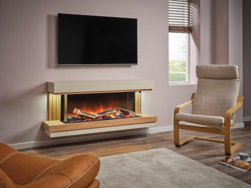 wooden electric fire suite on display