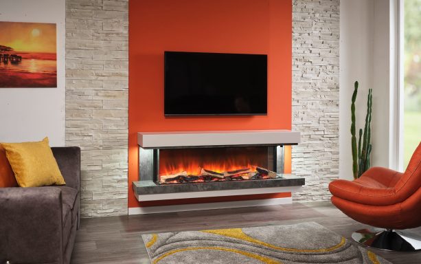 Modern living room with an orange accent wall, electric fire, TV, and stylish furniture.