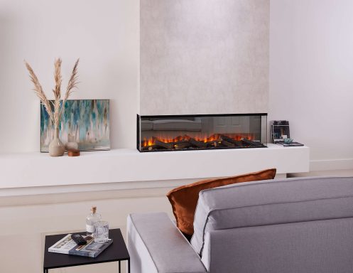 Modern living room with a wall-mounted electric fireplace, 3 sided 1600 fire. 
