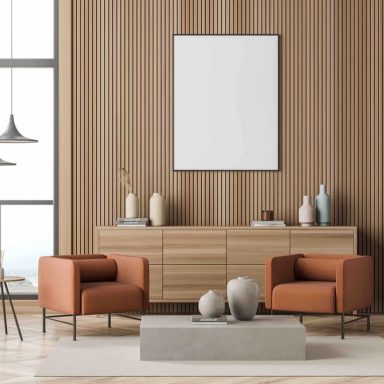 Acoustic slat wall design in an open plan living room