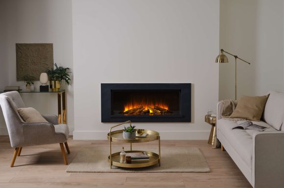 Modern living room with a realistic looking electric fireplace