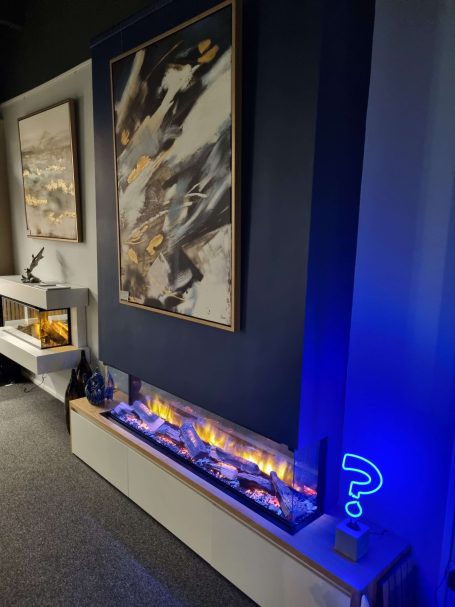 media wall inset fire with custom flames and logs 