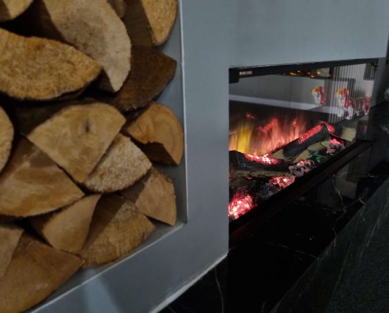 Media wall fire, two sided Flamerite electric fire