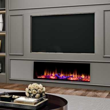 Modern living room with a sleek electric Iconic 1250 fireplace and wall-mounted TV.
