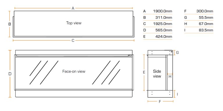 Diagram showing dimensions and specifications for British Fires new forest 1900 electric fire