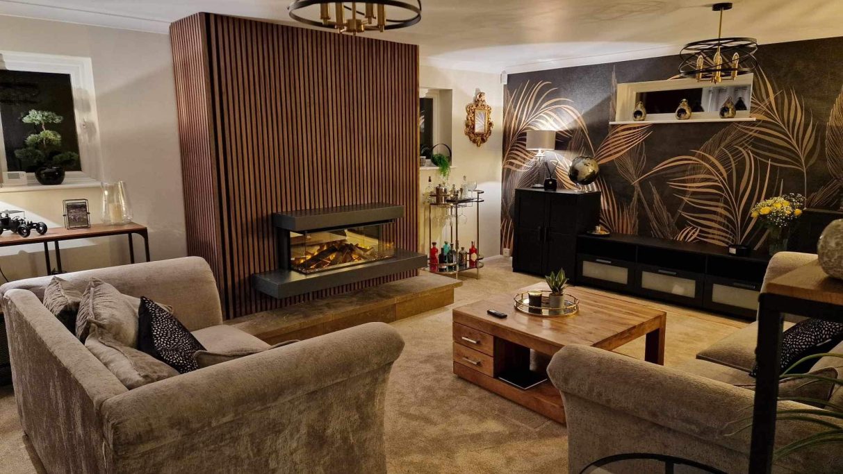 Modern living room with a stylish British fireplace suite