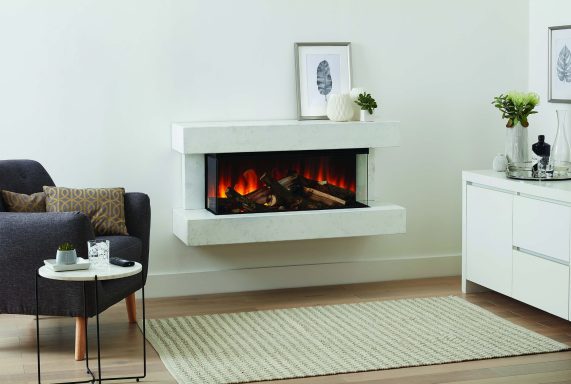 Modern living room featuring a stylish fireplace, grey sofa, and light decor.