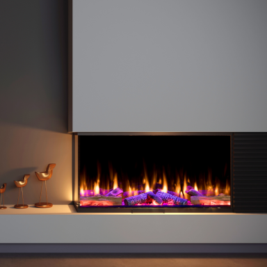 Iconic electric fireplace with vibrant purple and orange flames, set in a sleek minimalist design.