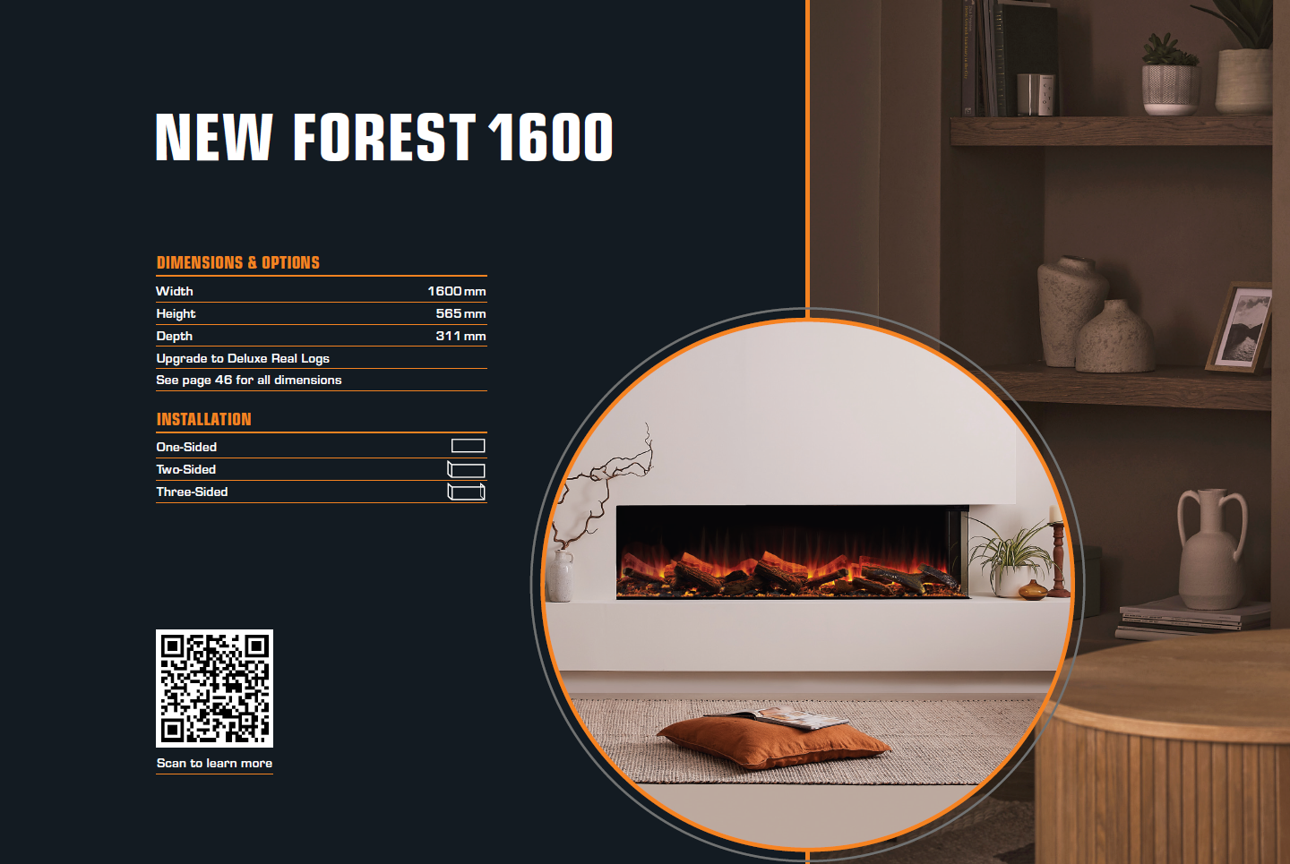 Modern electric fireplace with a sleek design, surrounded by a stylish living space. New forest 1600