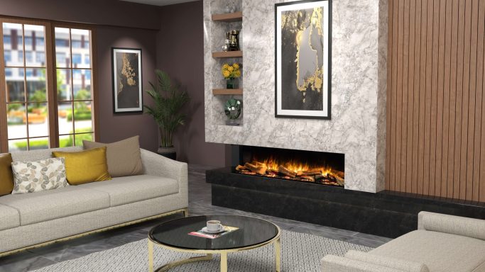 E-FX 1500 fire in a modern media wall, 2 sided option. 